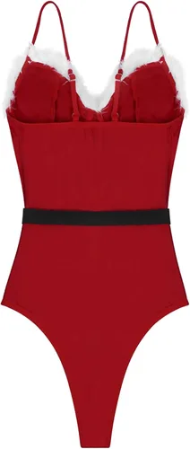 Vista 6 de Lencería de Navidad para mujer, con ribete de encaje, tirantes delgados ajustables, traje de terciopelo