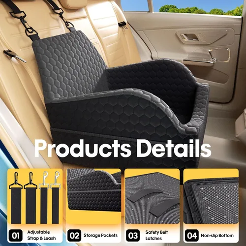 Vista 4 de Asiento de coche para perros pequeños y medianos, asiento elevado de espuma viscoelástica para perros de hasta 30 libras, asiento de coche