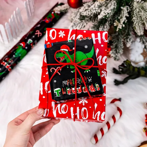 Vista 6 de Homeral Rollo de papel de regalo de Navidad de dinosaurio para niños, dinosaurio negro fresco con decoraciones y letras rojas, envoltura de regalo
