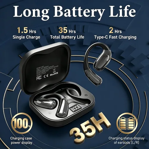 Vista 2 de Auriculares de oído abierto, auriculares inalámbricos con pantalla digital Negro