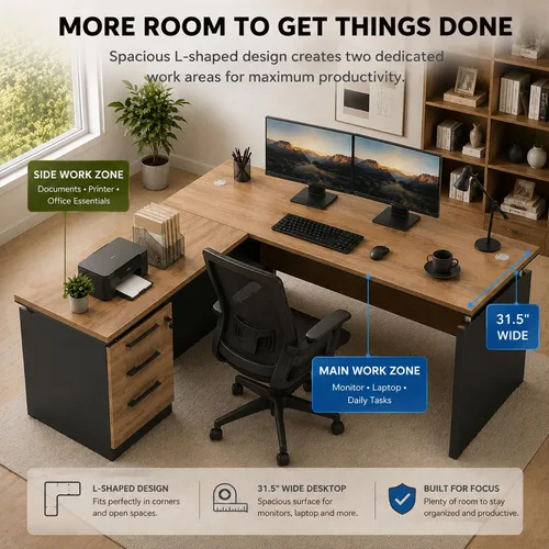 Vista 3 de Escritorio ejecutivo en forma de L de 63 pulgadas, escritorio industrial moderno de oficina de madera con cajones de bloqueo, gestión de cables