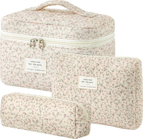 Vista 10 de HBselect Bolsa de Maquillaje Acolchada, 3 Piezas de Gran Bolsa de Maquillaje de Viaje de Algodón, Linda Bolsa de Maquillaje Floral Coquette, Bolsa