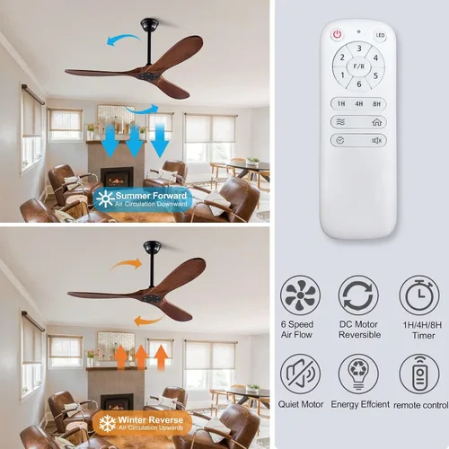 Vista 4 de Ventilador de techo sin luces de 42" con madera sólida, control remoto, 3 aspas y barras de extensión, motor DC, ventiladores de techo
