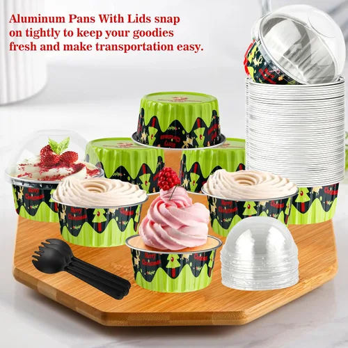 Vista 6 de 50 moldes desechables de papel de aluminio para cupcakes, mini moldes para pasteles de 4 onzas con tapas, moldes de aluminio para hornear