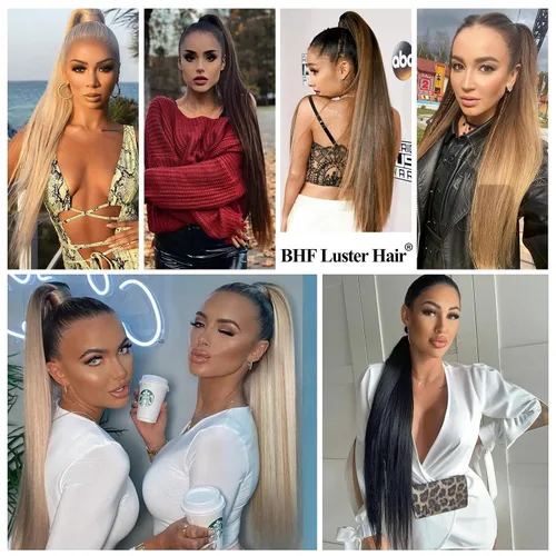 Vista 7 de BHF Extensiones de cola de caballo orgánicas de 32 pulgadas + 30 pulgadas, con cordón negro, extensiones de cabello extralargas con clip para mujer