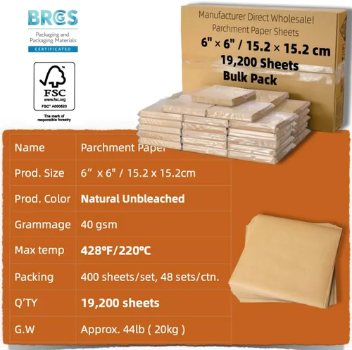 Vista 2 de Cuadrados de papel pergamino industrial precortados 6x6: 19,200/Estuche para revestimientos de cupcakes, papel de hamaca, envoltura de dulces