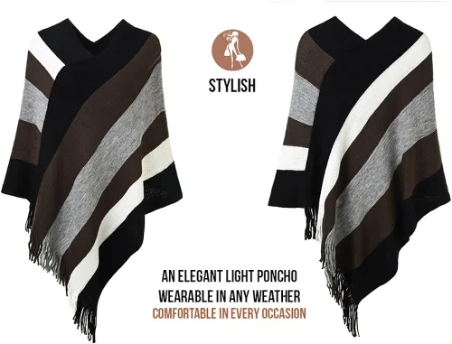Vista 3 de Ferand - Poncho tejido elegante para mujer, con diseño de rayas y extremos con flecos