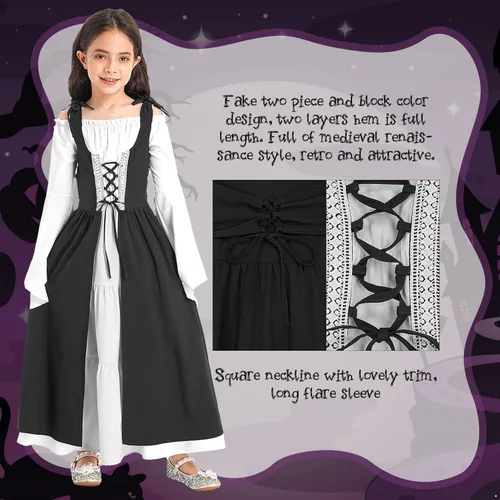Vista 7 de TiaoBug Vestido de princesa medieval para niñas, vestido de feria renacentista, disfraz de niño, vestido victoriano vintage