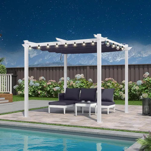 Vista 27 de PURPLE LEAF Pergola retráctil de 10 x 10 pies, pérgola blanca, toldo extra, azul marino