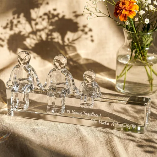 Vista 2 de Ornalrist Regalos de boda de cristal para el 15º aniversario para ella y él, 15 años juntos hicimos un adorno de cristal familiar para esposa, 1 niño