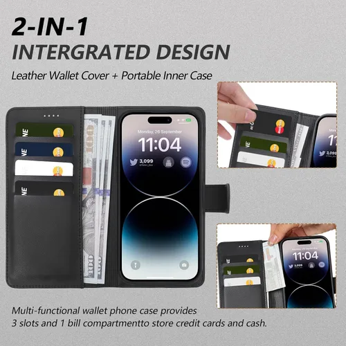 Vista 6 de Funda de piel sintética 2 en 1 para iPhone 13 PRO MAX, funda de piel sintética desmontable con soporte para tarjetas, funda extraíble con bloqueo