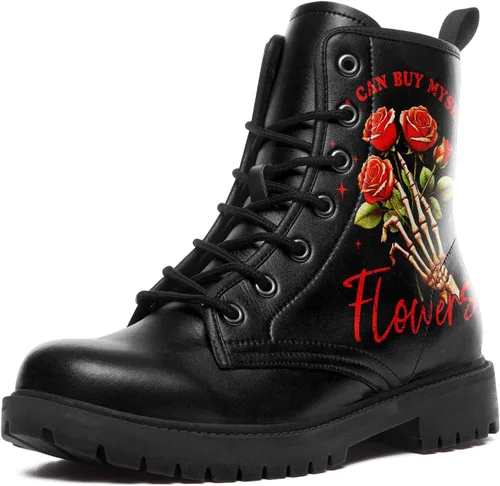 Vista 12 de Botines de combate para mujer, con estampado de corazón, botines cortos de moda con rosas y calavera, botas de trabajo duraderas con cordones