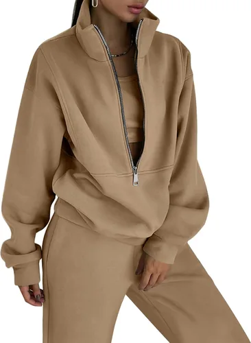 Vista 8 de COZYPOIN Conjunto deportivo de 2 piezas para mujer, sudadera de forro polar con cremallera media y pantalones de chándal de forro polar