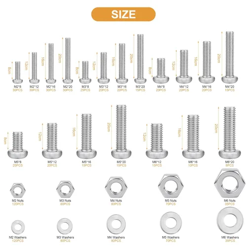 Vista 4 de VIGRUE 1148 tornillos de cabeza plana Phillips métricos, tuercas de perno, arandelas planas M2 M3 M4 M5 M6 Tornillos de máquina surtido, acero