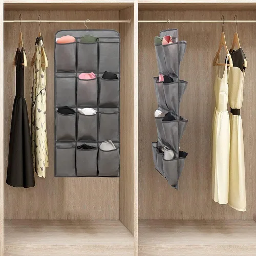 Vista 4 de Organizador de zapatos colgante de doble cara para armario con 24 bolsillos grandes, soporte para zapatos colgante con colgador giratorio (gris)