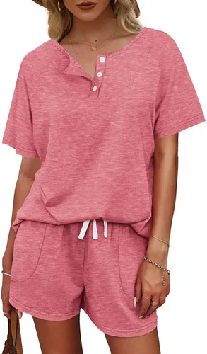 Vista 3 de WIHOLL Conjunto de dos piezas para mujer, conjunto de descanso con botones y pantalones cortos con bolsillos