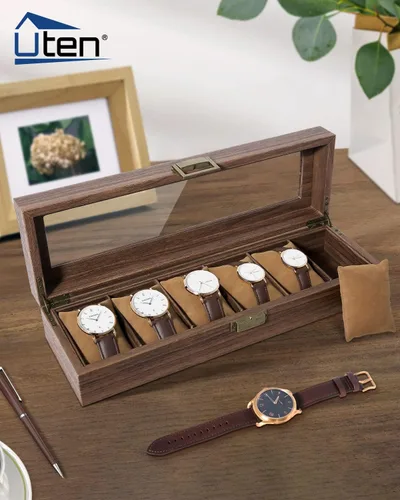 Vista 2 de Uten Caja de reloj con 6 ranuras, organizador de caja de reloj con tapa de vidrio real, caja de almacenamiento de cuero sintético de grano de madera