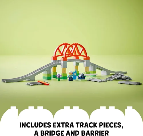 Vista 4 de LEGO DUPLO Town - Juego de expansión de puente y pistas de tren, 10 piezas adicionales de vías de tren, juego de tren para preescolar y niños