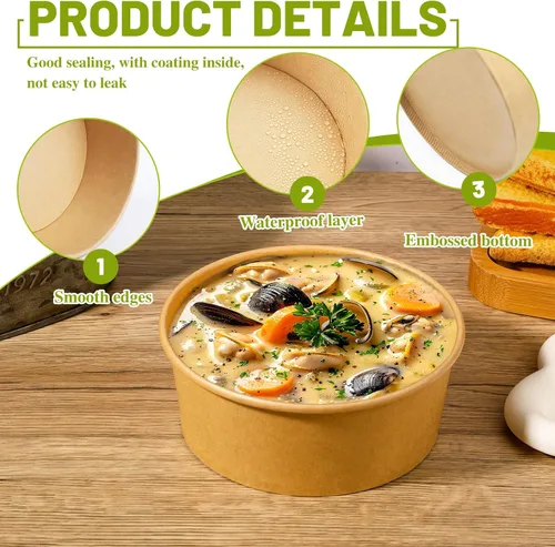 Vista 3 de 50 cuencos de papel de 17 onzas con tapas, recipientes desechables de 17 onzas líquidas con tapas, recipientes desechables para sopa con tapa