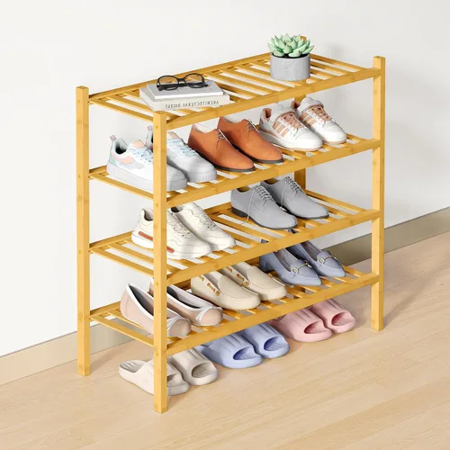 Vista 106 de Smiry Zapatero de bambú para armario, organizador de zapatos de madera de 3 niveles, estante apilable de almacenamiento de zapatos de madera