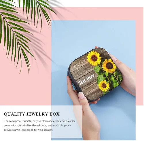 Vista 5 de Joyero de viaje de madera de girasol personalizado con nombre con foto y texto, joyero para mujeres y niñas, estuche organizador de joyas portátil