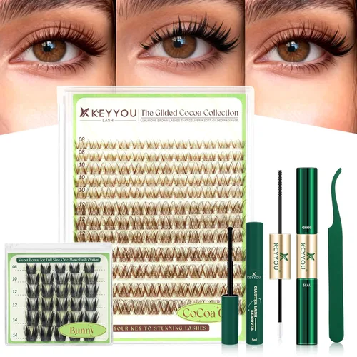 Vista 11 de KEYYOU Extensiones de pestañas de Velure color marrón Venus Natural Wispy C Curl Manga de 0.315-0.630 pulgadas con banda invisible suave