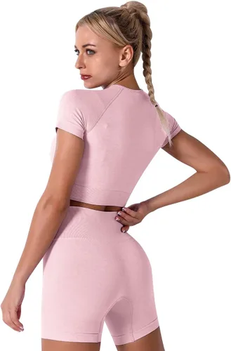Vista 4 de IMEKIS Conjunto de yoga para mujer, sin costuras, pantalones cortos de ejercicio de cintura alta, pantalones cortos con top deportivo y brasier de 2
