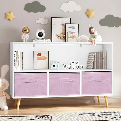 Vista 8 de Estantería para niños con 3 cajones de tela plegables y estantes abiertos, armario de almacenamiento moderno de madera, armario de almacenamiento