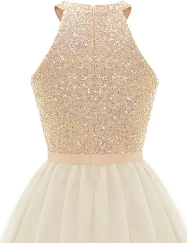 Vista 6 de Dressystar - Vestido corto de fiesta con escote halter para mujer, vestido de graduación de tul y encaje