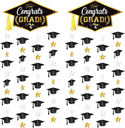 Vista 6 de Decoraciones de graduación 2026 – Paquete de 2, 3.3 x 6.5 pies, cortina de flecos de lámina metálica con tapa de graduación, decoraciones de gorra