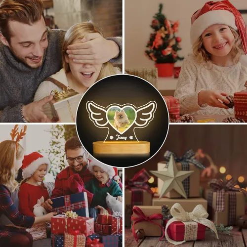 Vista 4 de Attivolife Luz nocturna de madera personalizada con temática de mascotas, lámpara LED de color cálido con el nombre de tu perro, imagen de perro