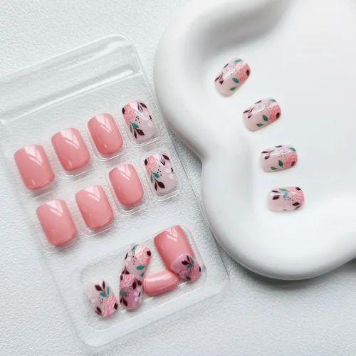 Vista 3 de Uñas postizas a presión de otoño, uñas postizas cuadradas cortas de cobertura completa con diseño de flores rosas, lindas uñas acrílicas brillantes
