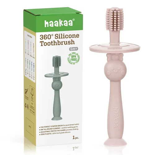 Vista 11 de haakaa Cepillo de dientes para bebé de 360° con base de succión - Limpieza suave para entrenamiento de autocepillado de niños pequeños, silicona