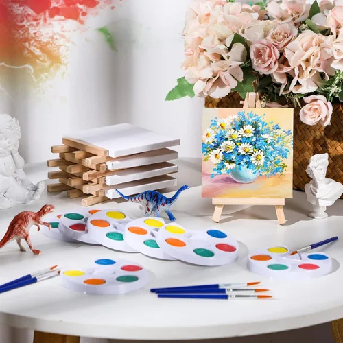 Vista 5 de Crtiin Mini juego de pintura de acuarela, regalos de 4 x 4 pulgadas, pequeños kits de pintura en lienzo con pinturas de caballete, pincel, fiesta