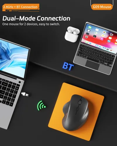 Vista 3 de Uiosmuph Ratón inalámbrico Bluetooth G09, BT5.1 y 2.4Ghz recargable con receptor USB y adaptador tipo C, ratones Bluetooth ergonómicos para laptop