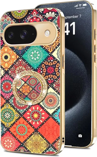 Vista 25 de nancheng Funda para Google Pixel 6 de lujo, diseño de abeja, corazón y abeja, chapado en oro, con anillo de diamante de 360°, correa de cordón