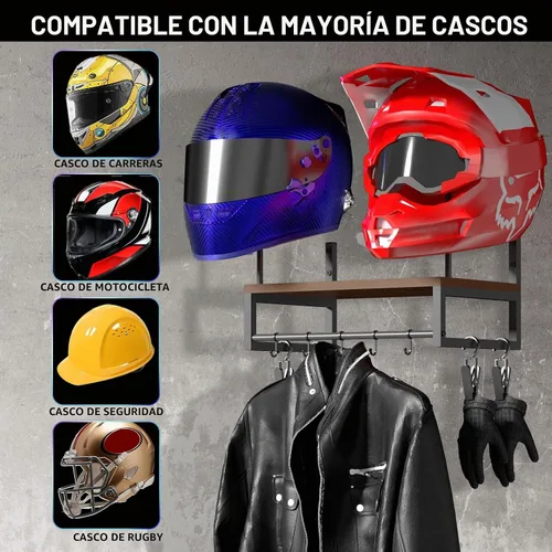 Vista 3 de Soporte de pared para casco, estante retro para casco con tabla de madera, 2 soportes para casco para almacenamiento de equipo de motocicleta