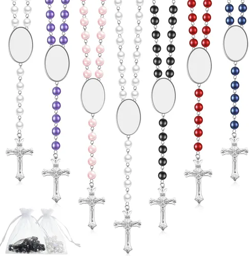 Vista 7 de Taiyin 24 juegos de rosario en blanco de sublimación coloridas cuentas de oración de transferencia de calor, collar de sublimación imprimible