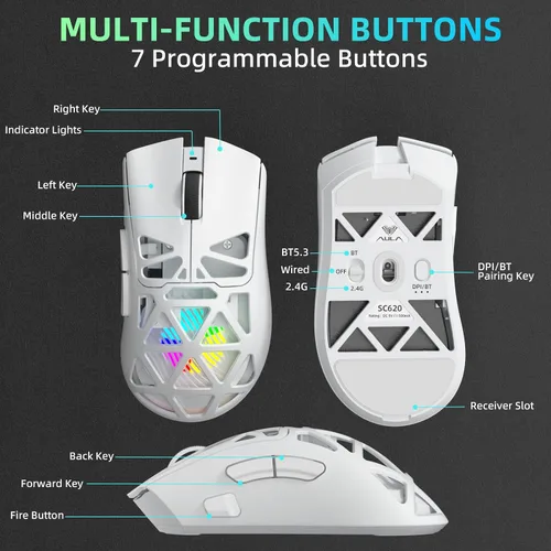Vista 7 de Aula SC620 - Ratón inalámbrico para juegos, triple modo de 2.4 GHz/USB-C/BT5.3 con 12000 DPI, mouse macro gamer programable con llave de fuego Blanco