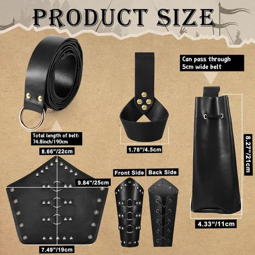 Vista 2 de Xtinmee 5 piezas de accesorios de disfraz de cuero medieval renacentista para Halloween, cinturón medieval, protector de brazo, espada, daga, rana