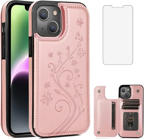 Vista 9 de Funda compatible con iPhone 15 Plus de 6.7 pulgadas con protector de pantalla de vidrio templado y tarjetero con soporte para tarjetero, funda