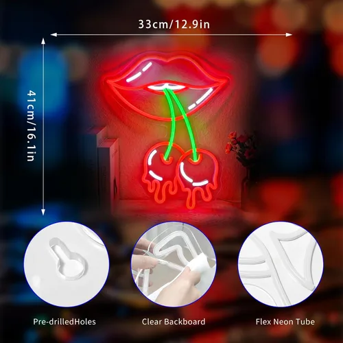 Vista 2 de Letrero de Neón de Labios de Cereza, Letreros de Neón para Decoración de Pared Letreros LED Rojos de Neón para Habitación Letreros de Neón Luminosos