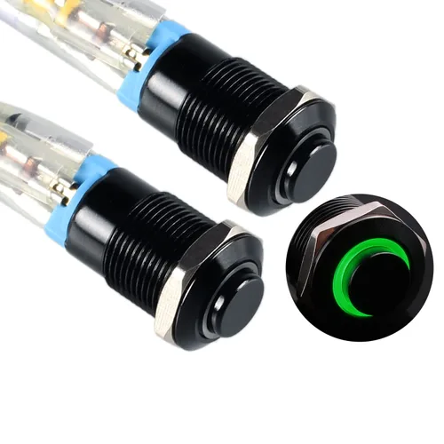 Vista 13 de 2 interruptores de botón de metal con pestillo de 0.472 pulgadas, cabeza elevada de 12 V-24 V, 4 pines de encendido y apagado, 1 no, carcasa negra