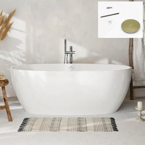 Vista 20 de FerdY Tahití - Bañera de acrílico independiente de 55 pulgadas, elegante bañera de remojo de forma ovalada, blanco brillante, drenaje dorado