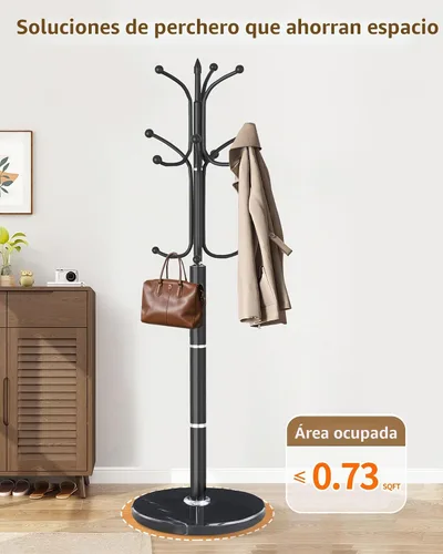 Vista 5 de Perchero moderno de metal independiente con base de mármol natural, perchero resistente con 12 ganchos, perchero negro para oficina, entrada, pasillo