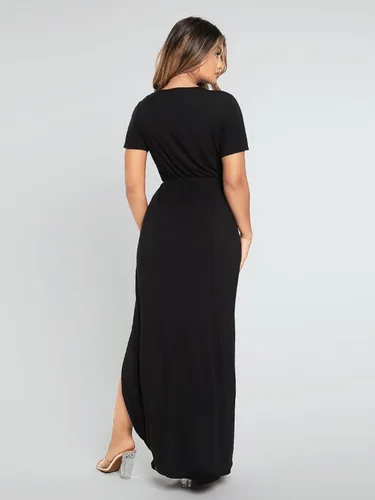 Vista 2 de Vestidos de verano para mujer, cuello pronunciado y abertura en el muslo, vestido largo negro para fiesta casual y trabajo