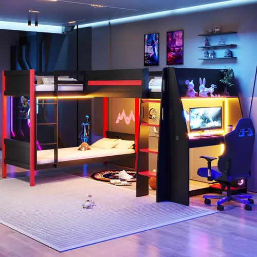 Vista 17 de Twin Size L-Shaped Gaming Loft Bed with Dual Built-in Desks，Black+Blue-P