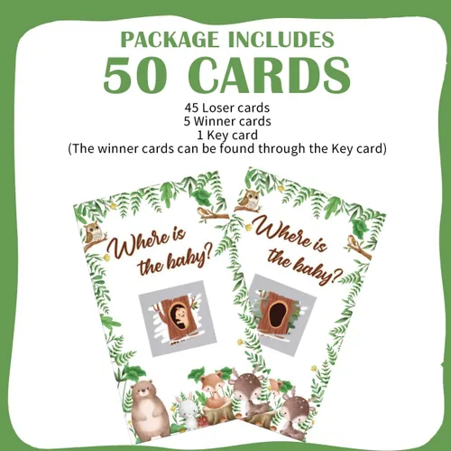 Vista 4 de Juego de rascar para baby shower, 50 tarjetas con el tema ¿Dónde está el bebé? Juegos YoungFun con adorables animales del bosque para revelaciones