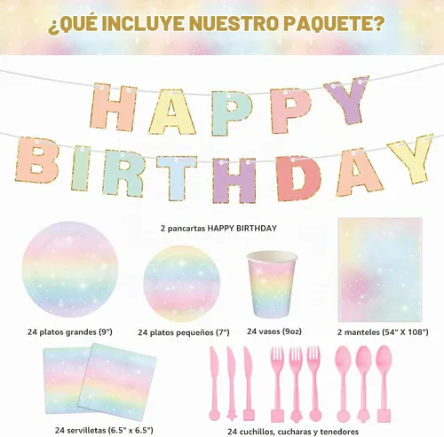 Vista 3 de Teling 172 piezas de decoraciones de cumpleaños de arcoíris, platos de arcoíris pastel, platos de cumpleaños y servilletas para 24, mantel de papel