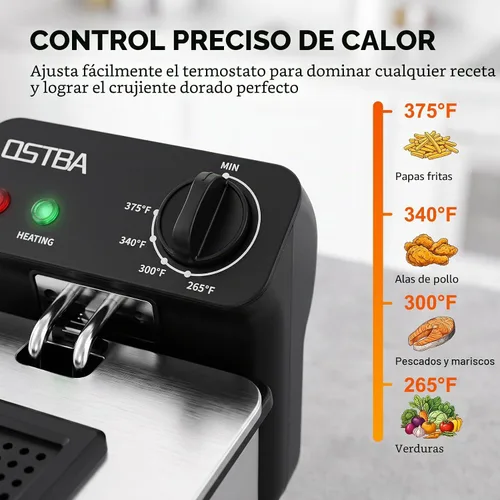 Vista 5 de OSTBA Freidora eléctrica con canasta, freidora de encimera de acero inoxidable de 1500 W, capacidad de aceite de 3.2 cuartos de galón, control